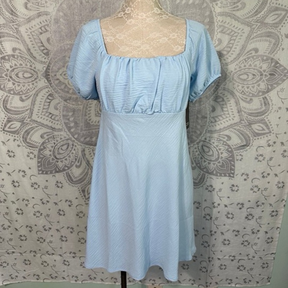 Nwt $26 No Boundaries NoBo Puff Sleeve Tie Back Crinkle Mini Dress Baby Blue L